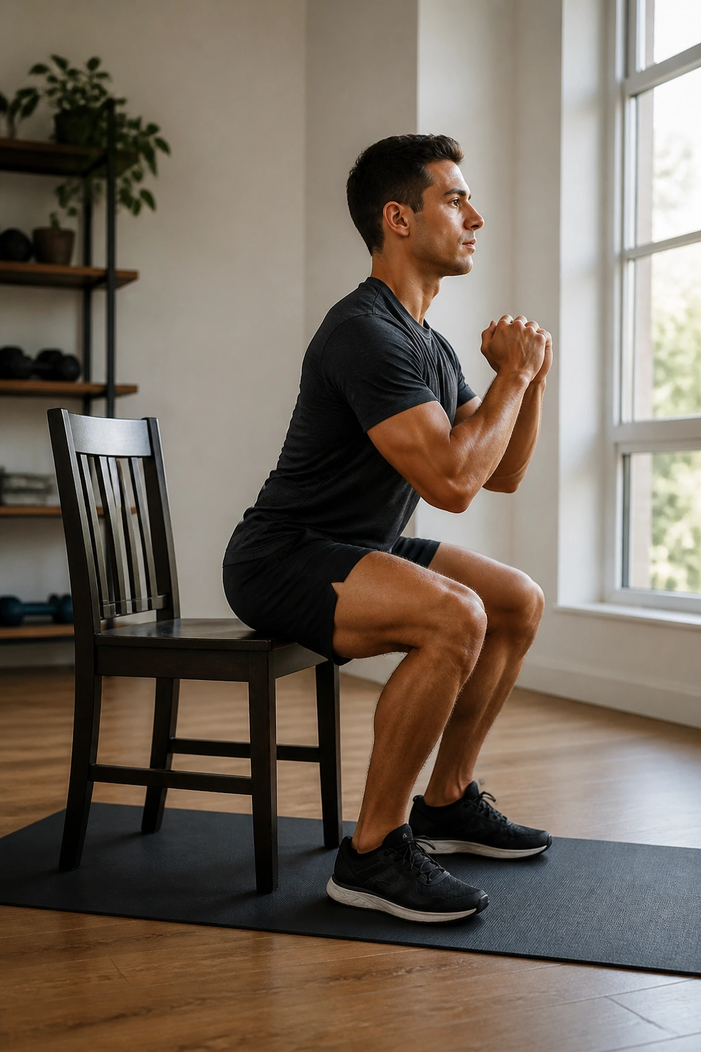 Medium close-up of a person performing a box squat with light chair contact