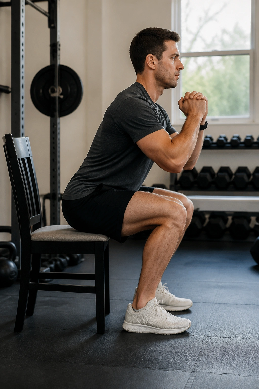 Person performing box squat tapping chair with hips in a controlled descent.