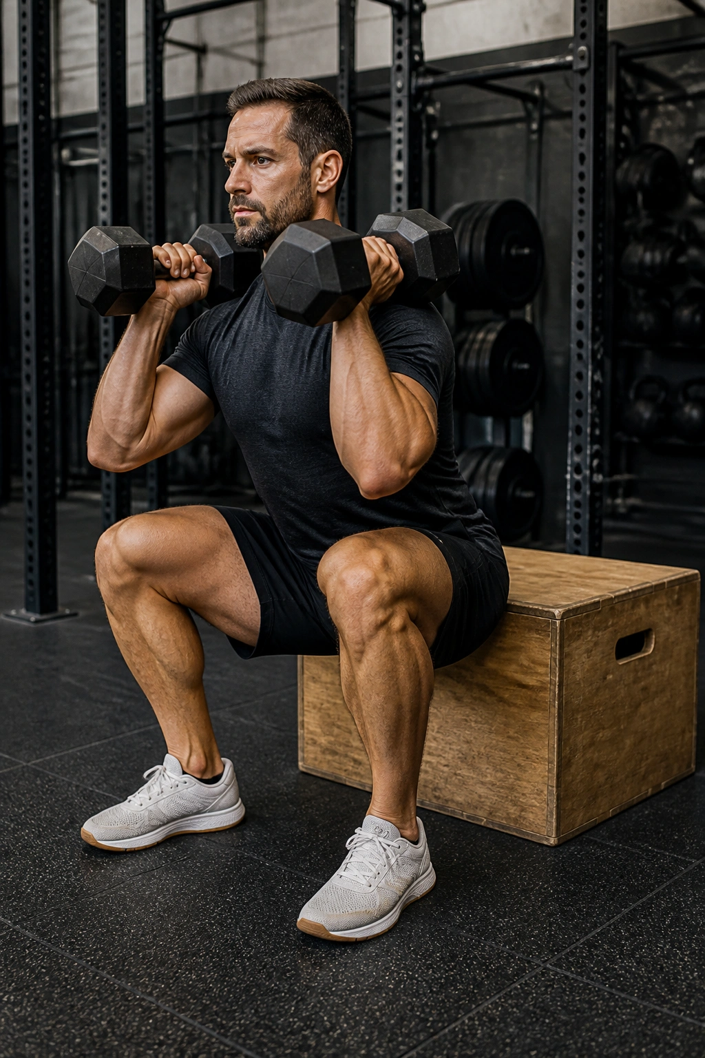 Medium shot of a person performing dumbbell box squats paused on a box.