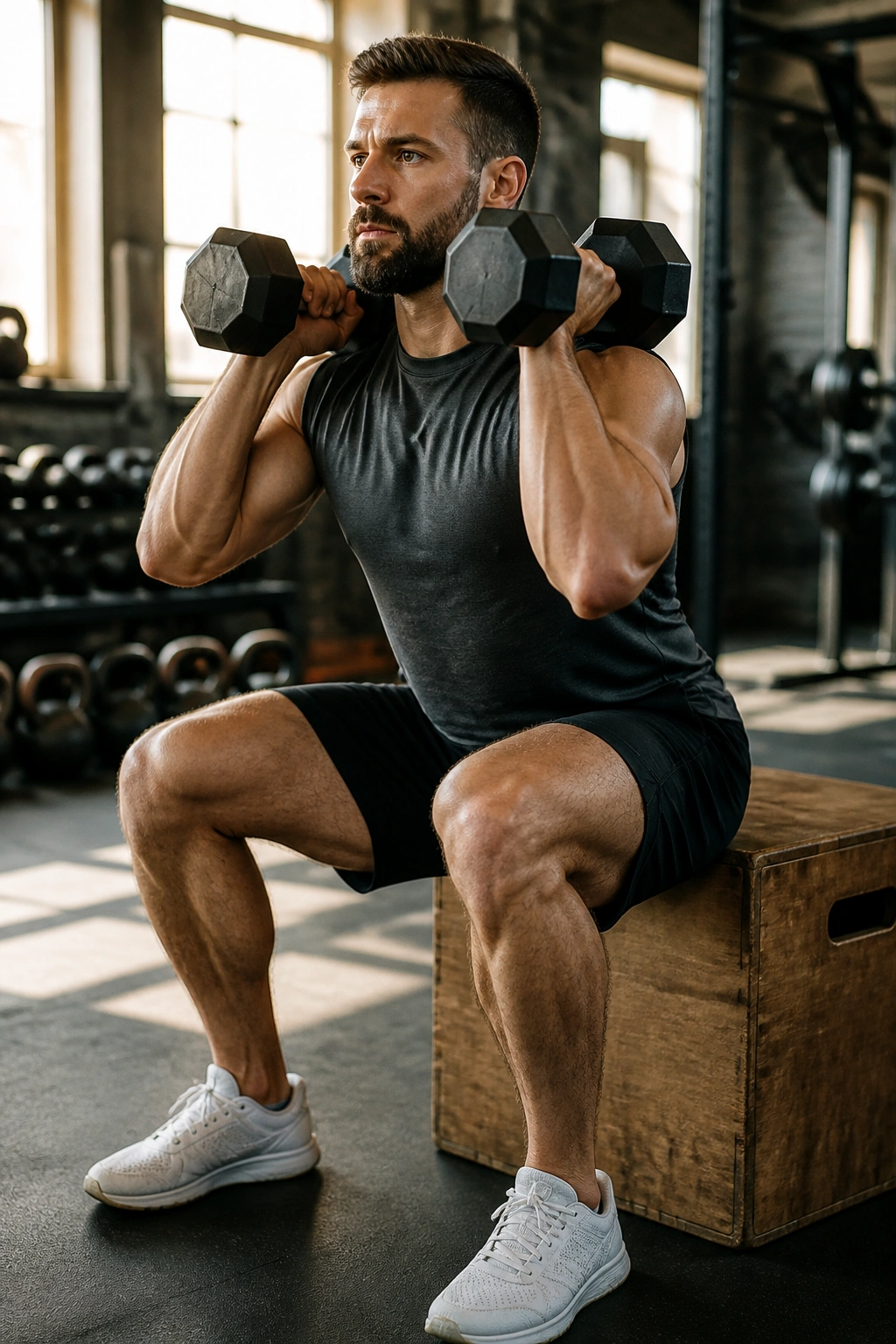 Close-up of a person performing a dumbbell box squat with a box in a gym.