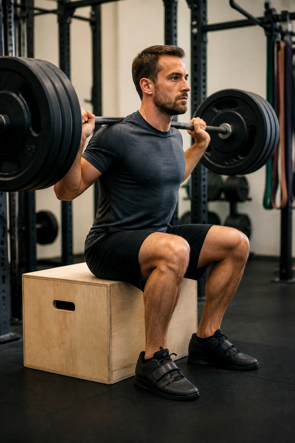 Person performing box squat with pause on box in gym