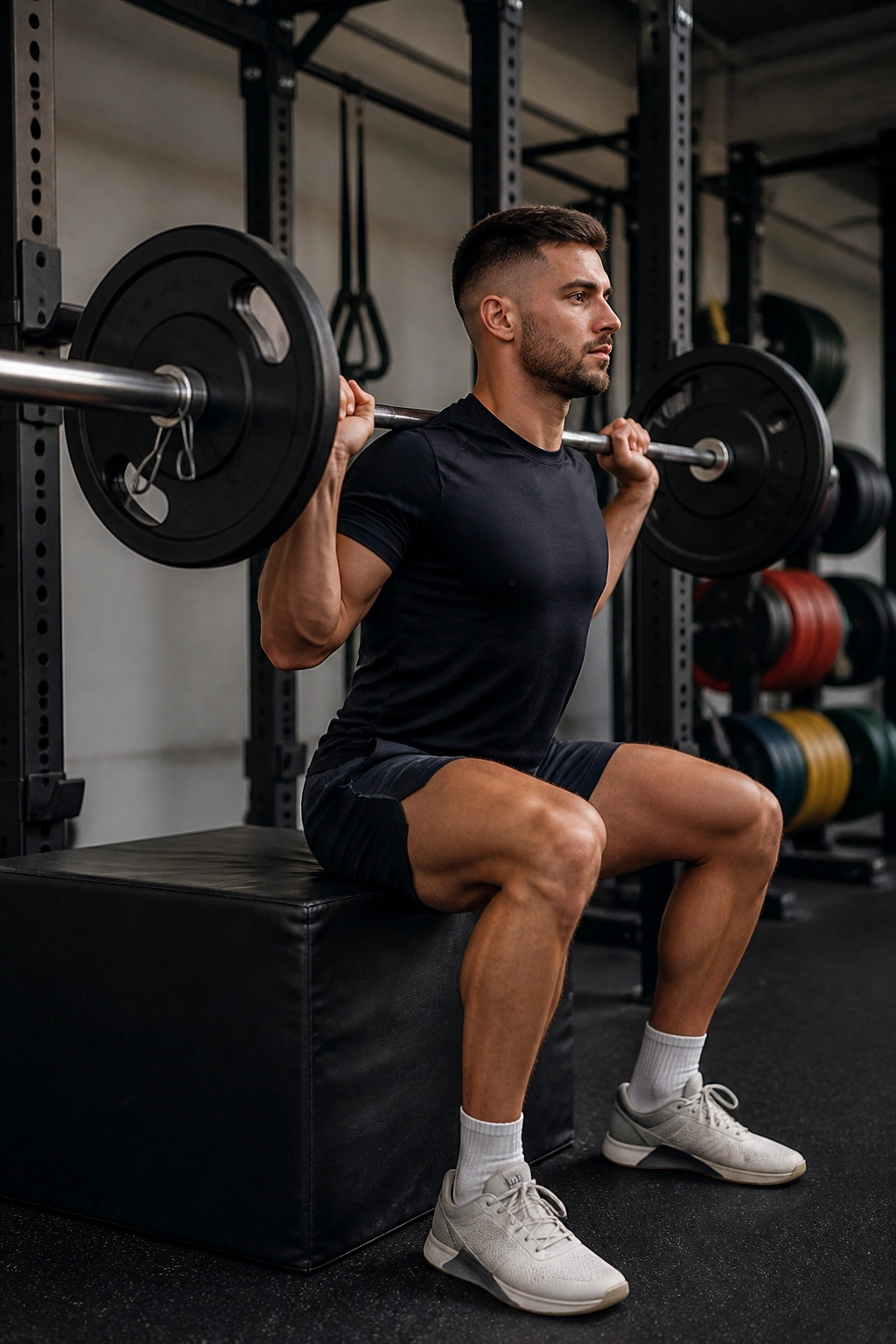 Athlete paused on a box performing a box squat