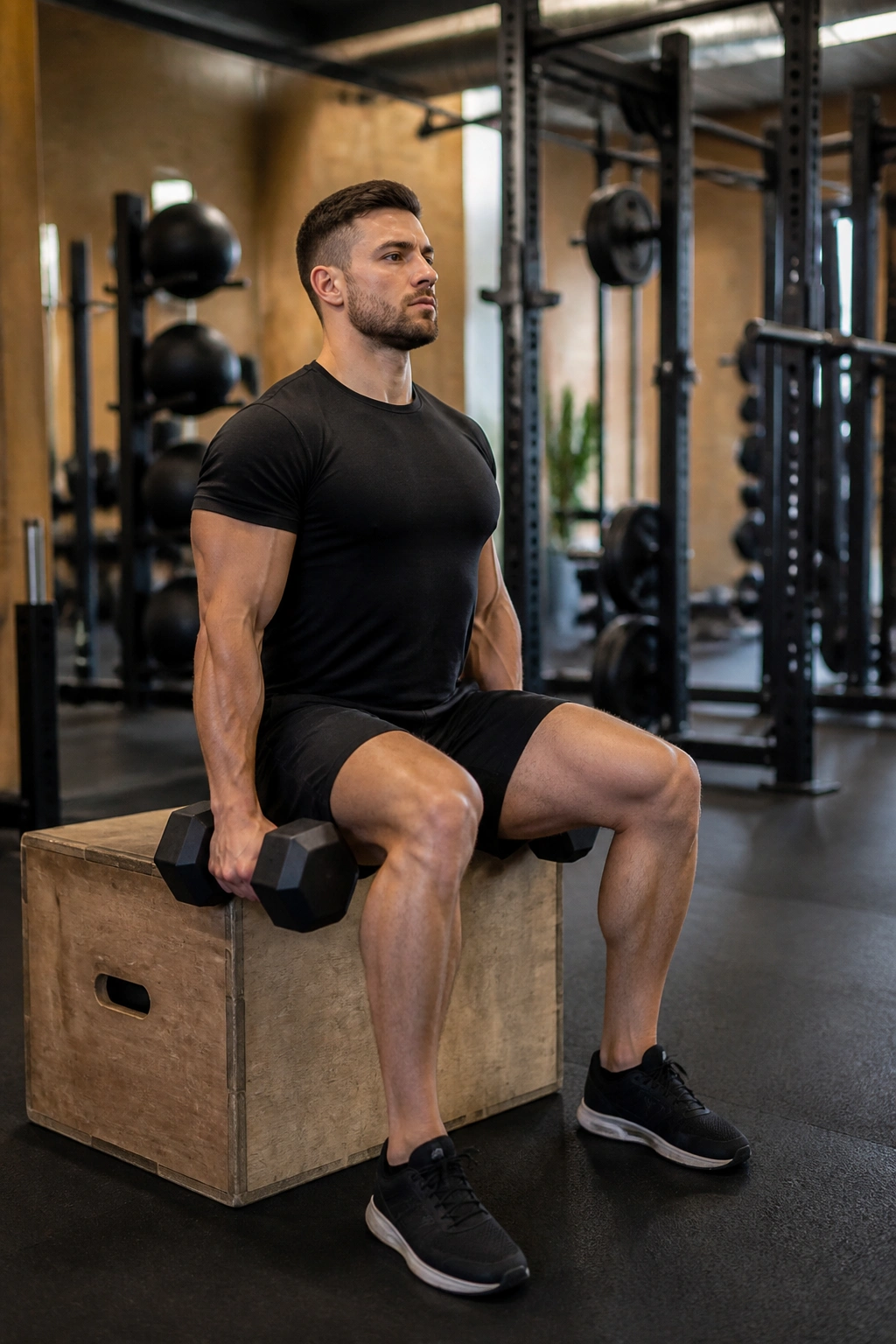 Medium shot of a person performing dumbbell box squats in a gym
