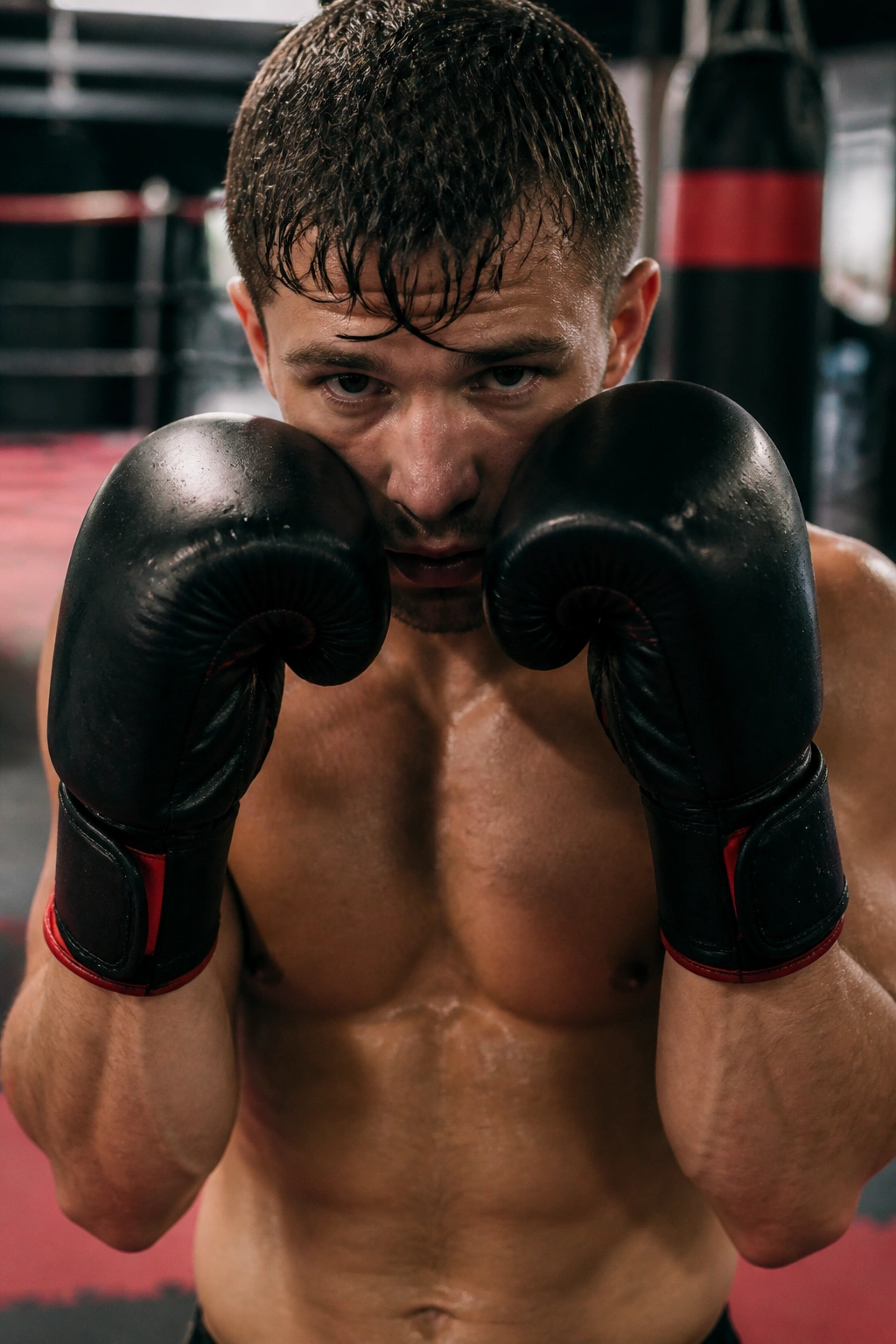 Close-up boxer guarding face with hands up during shoulder burnout