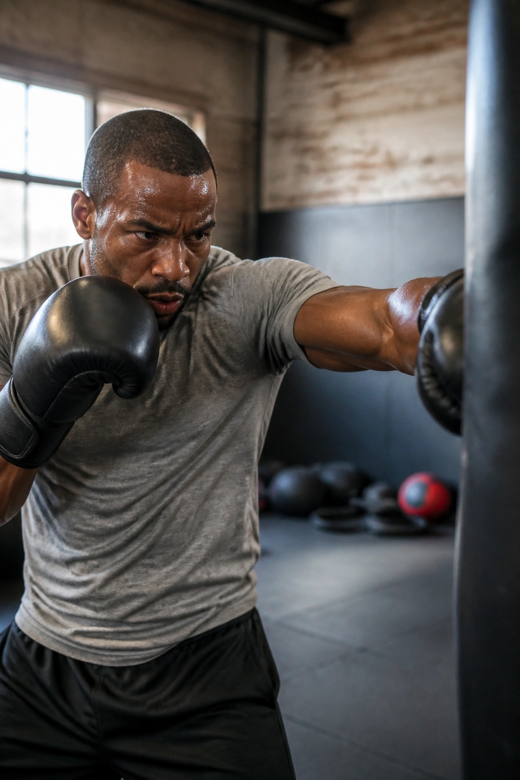Close-up of a real athlete punching a heavy bag in a gym, emphasizing shoulder work