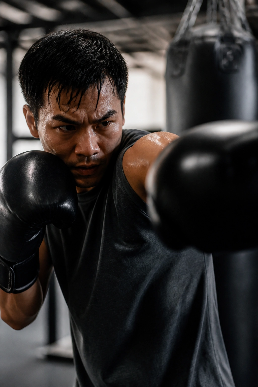 Person punching a heavy bag during boxing rounds in a gym