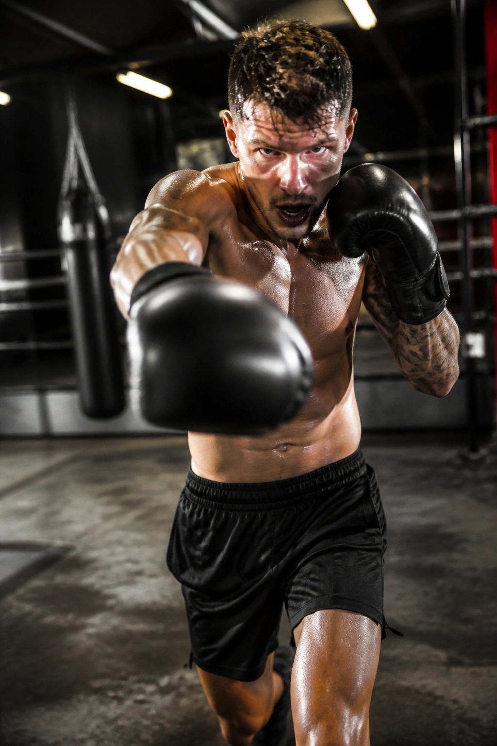 Boxer in a high-energy burnout conditioning sequence in a gym