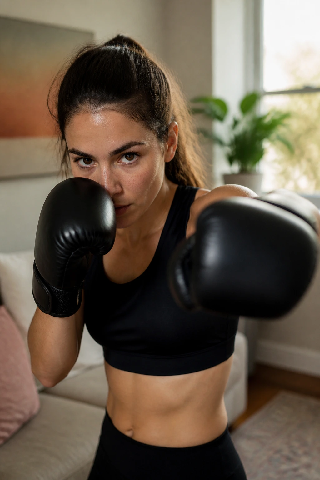Real person in a home setting practicing beginner boxing cardio stance with light gloves