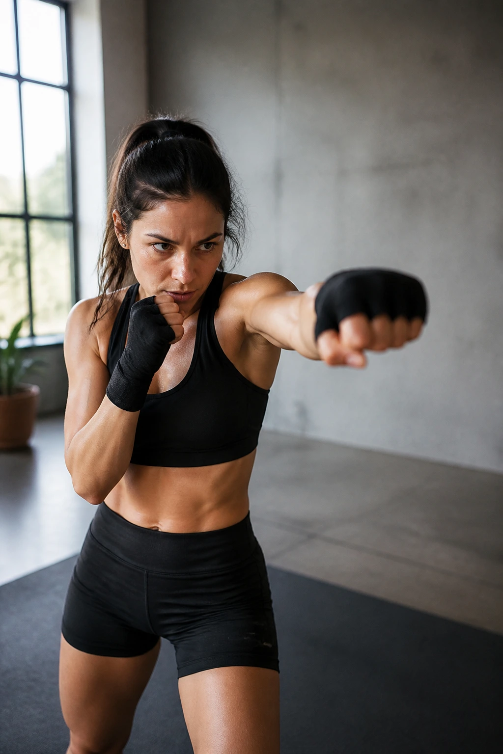 Person in boxing stance performing cardio-style circuit in home gym