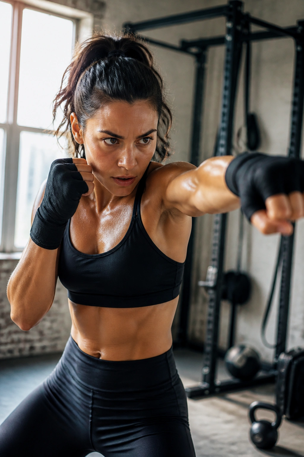Real person delivering rapid punch combos in a home gym
