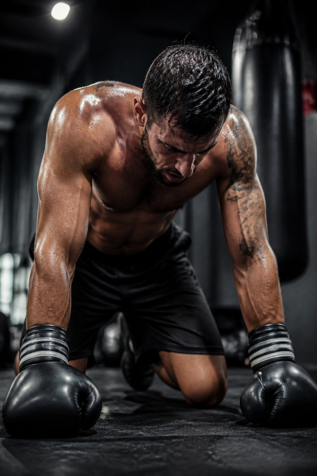 Boxer exhausted on mat after intense full-body conditioning finale