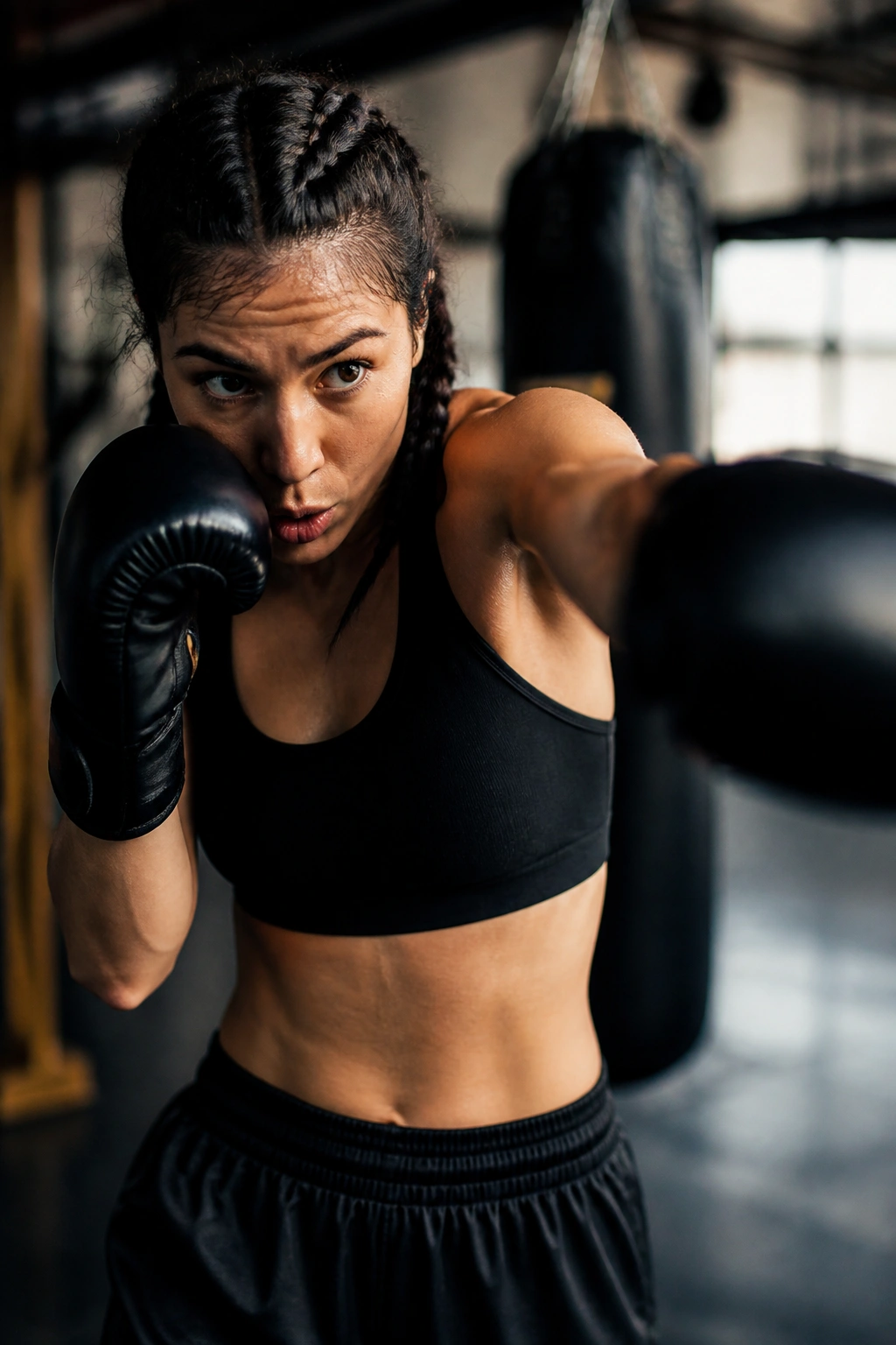 Boxer in a gym delivering a punch during conditioning rounds
