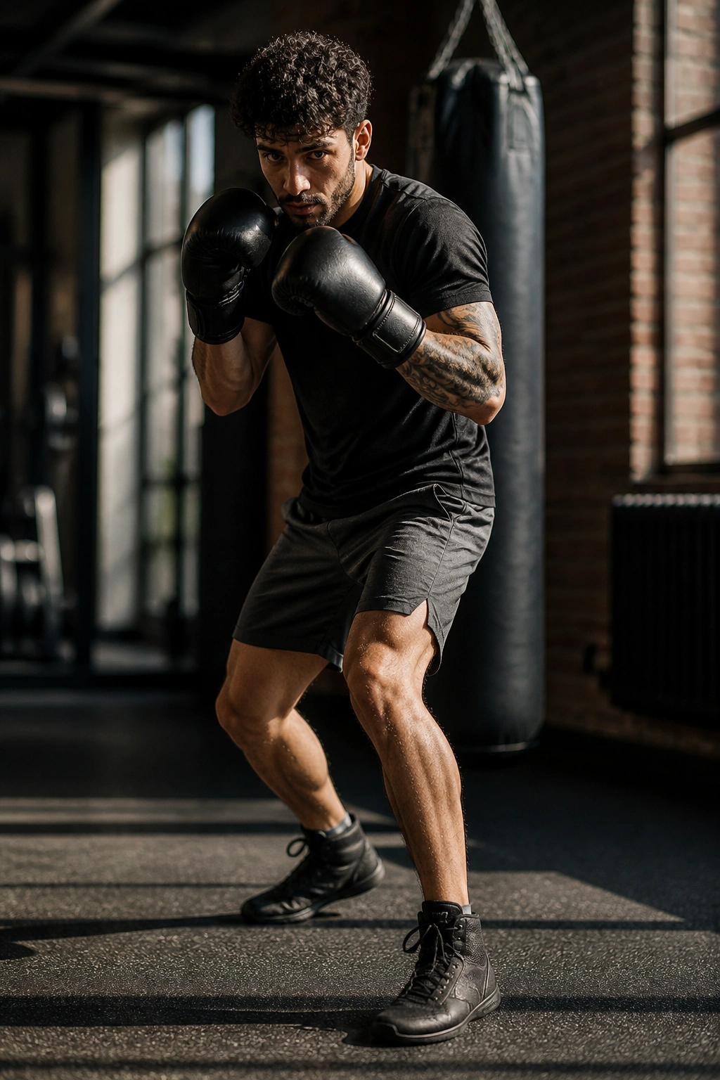 Boxer in gloves executing footwork in gym