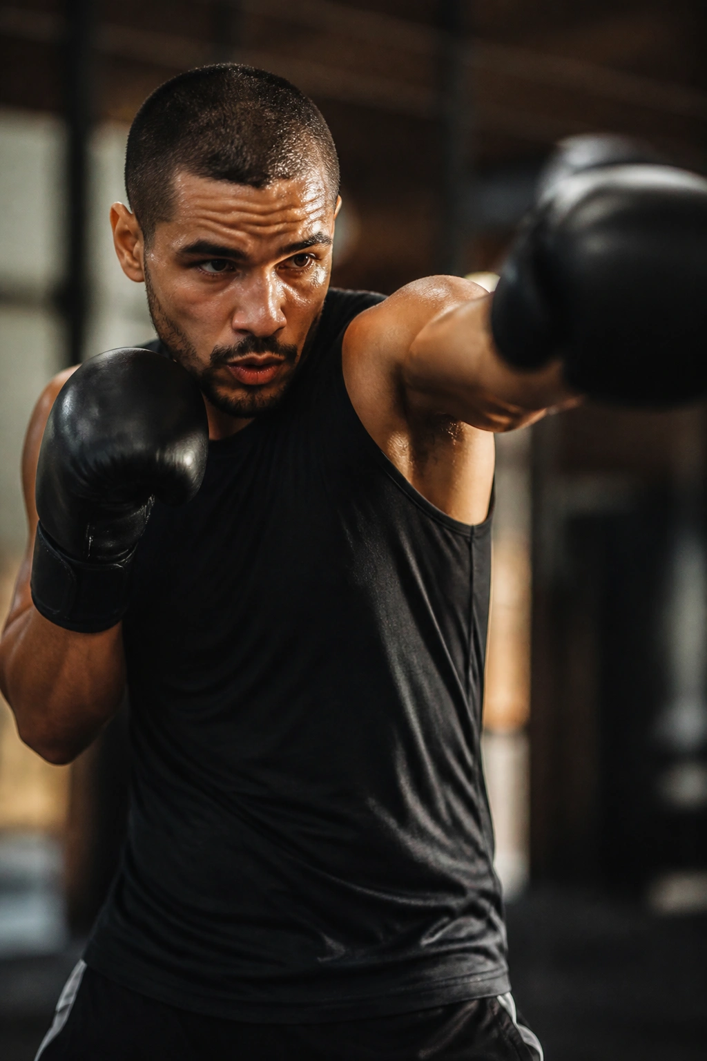 Portrait of a boxer mid-punch in a gym