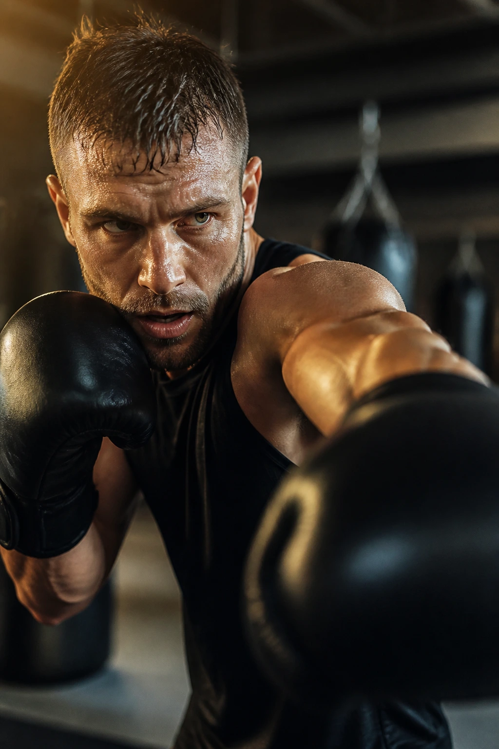 Close-up boxer mid-punch during a 20-minute test round in a gym