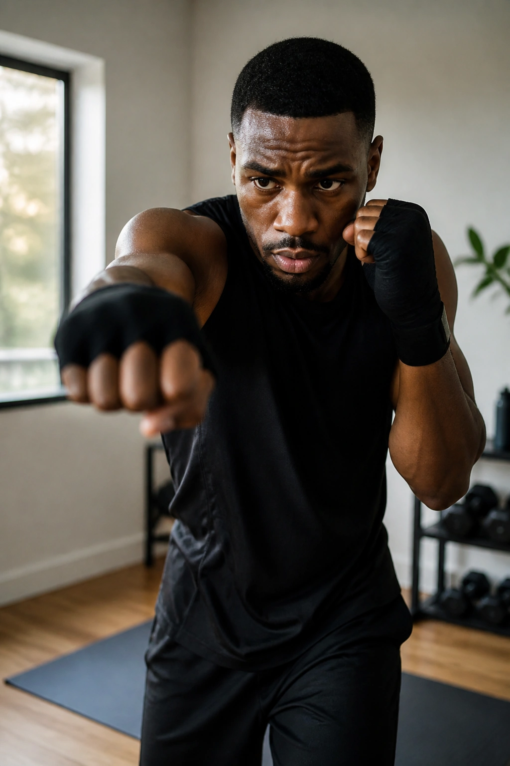 Portrait of a boxer practicing shadow boxing at home with focus and consistency