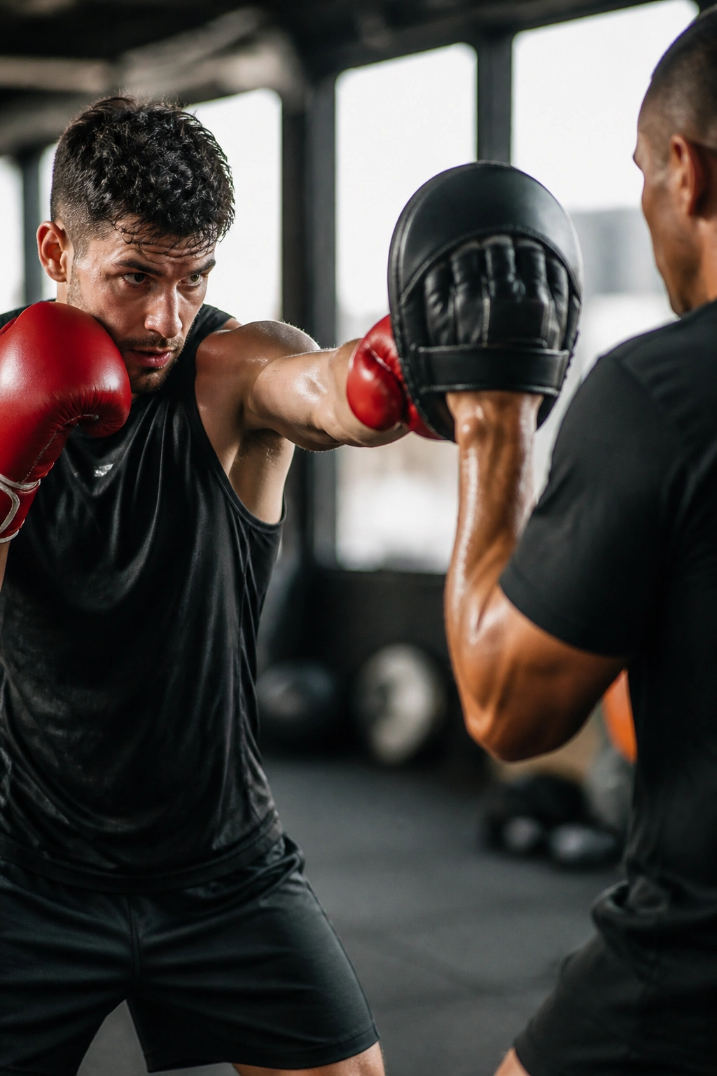 Close-up of boxing drill with two athletes in a gym, gloves and focus mitts, showing rhythm and timing