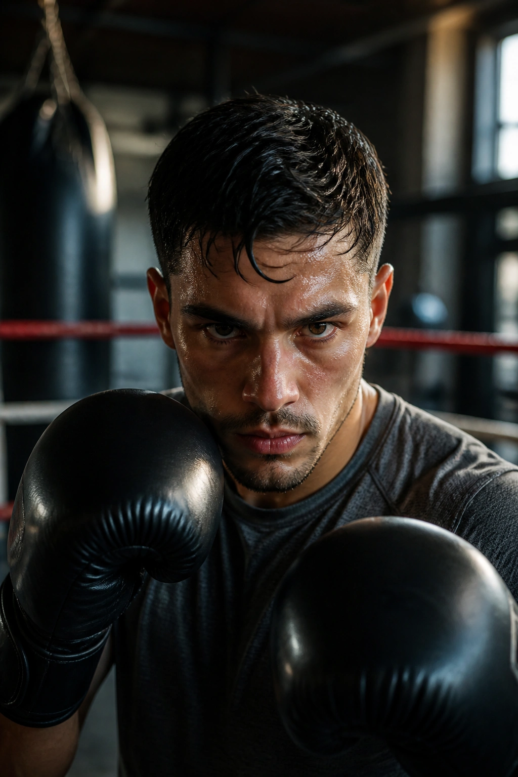Close-up portrait of a boxer focusing on precision during a gym training session
