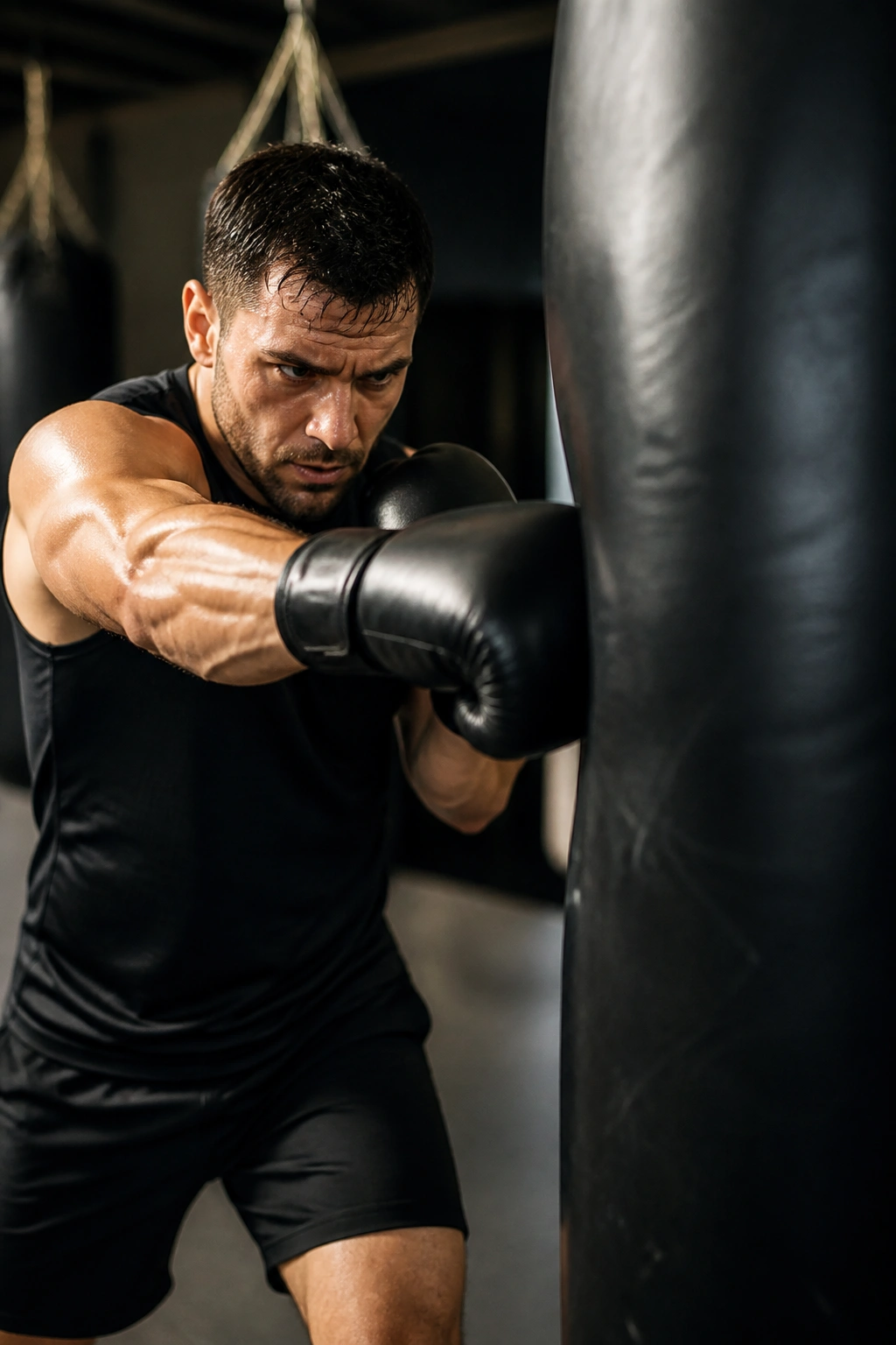 Person boxing a punching bag in a gym during rounds