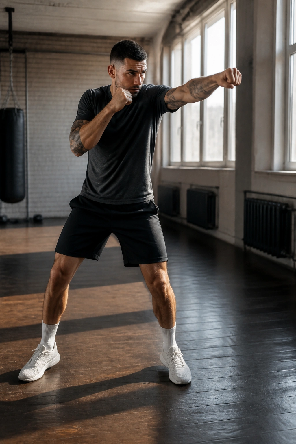 Athlete shadowboxing in a bright gym space with arms raised and focused expression.