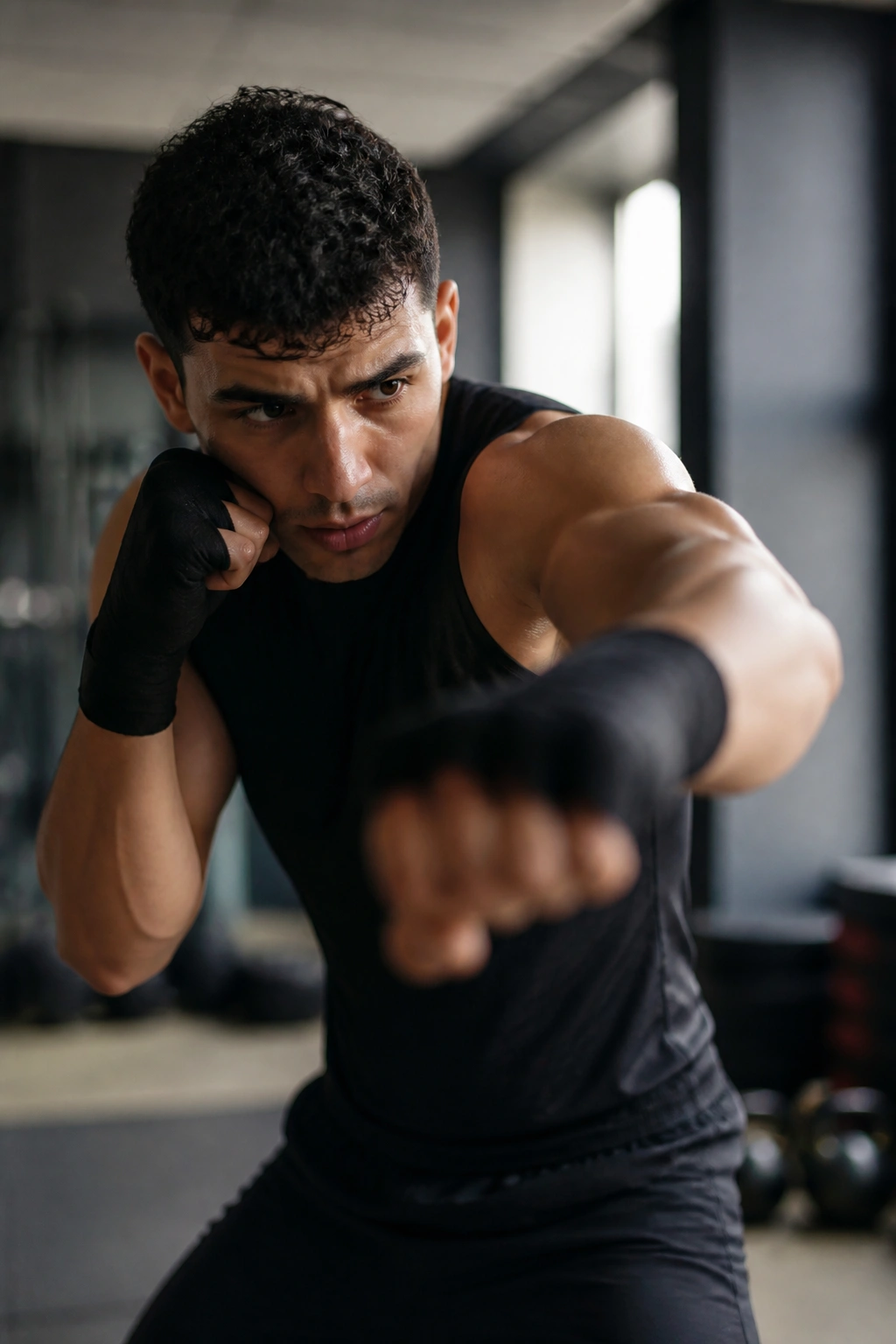 Close-up of a real person shadowboxing in a gym, fists up and focused.