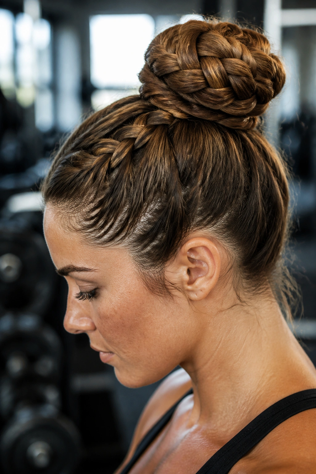 Close-up of real woman with braided bun in gym setting