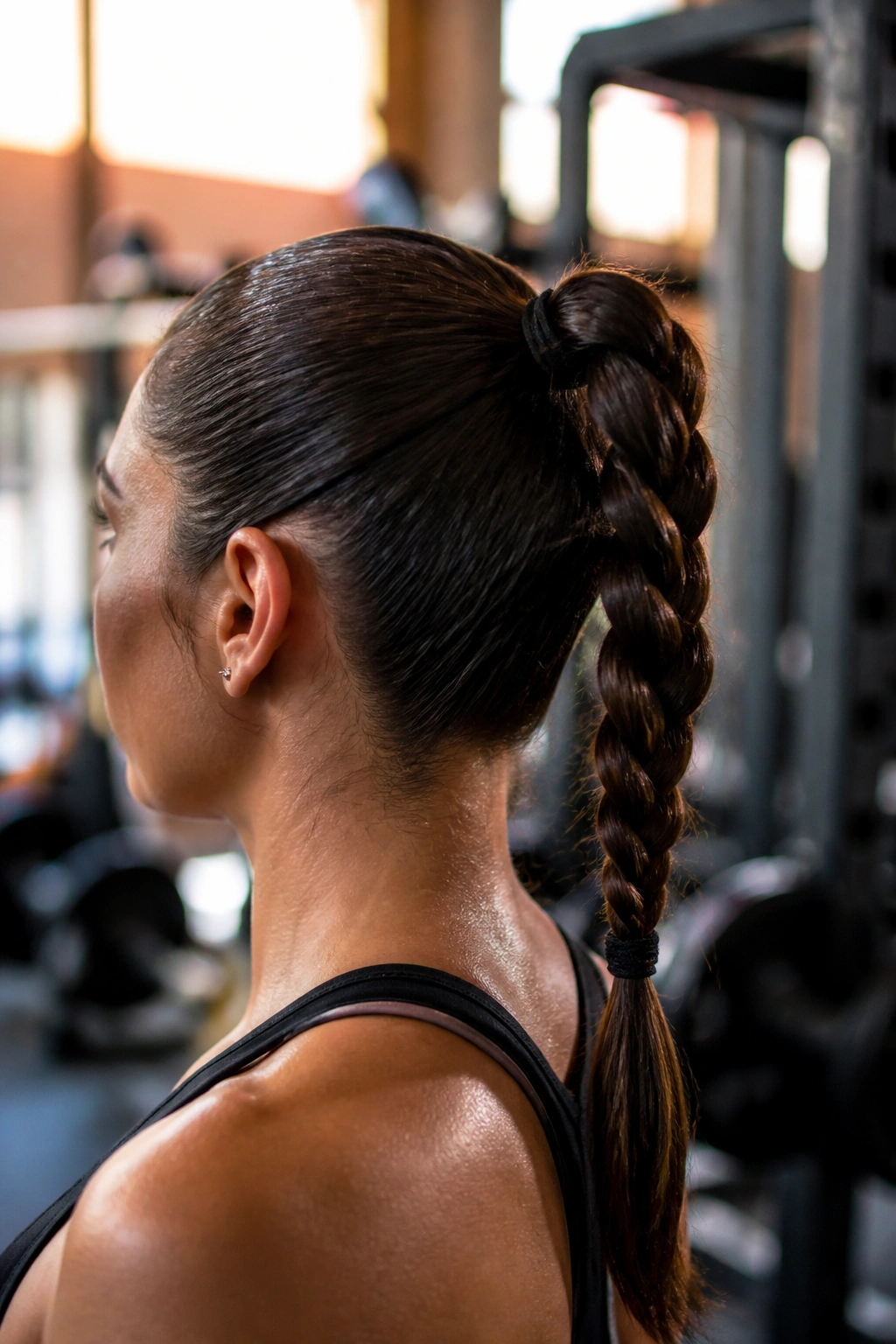 Close-up of a real woman with a braided high ponytail during a workout