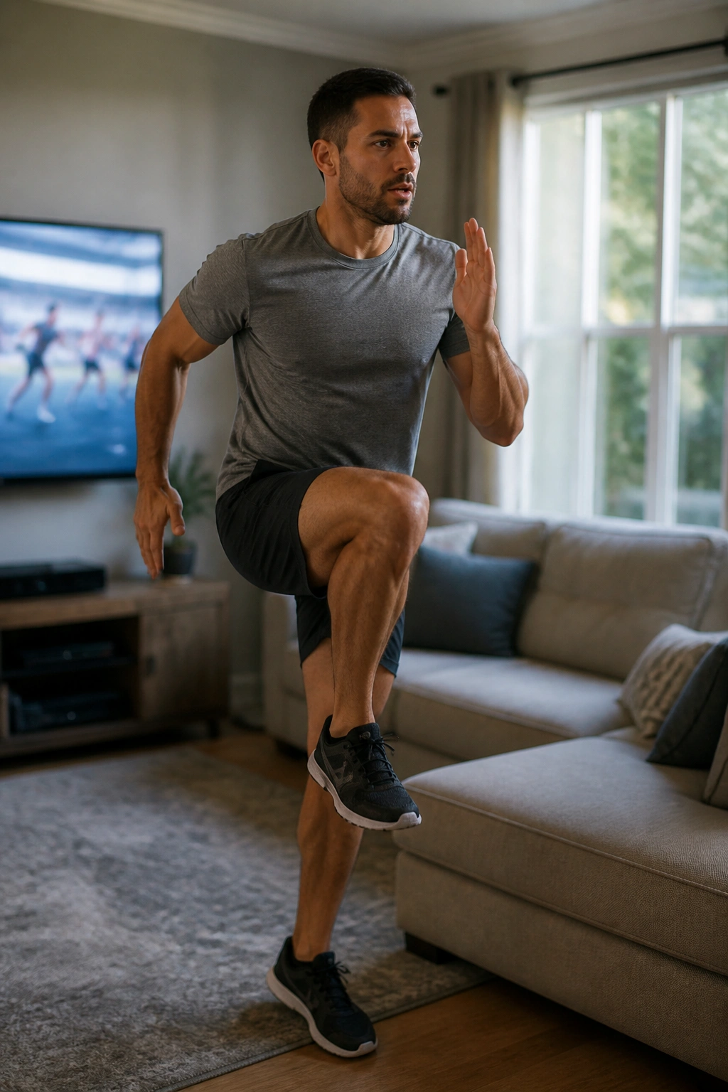 Mid-shot of a person performing quick high-knee movements during a home break for commercial-break sprints