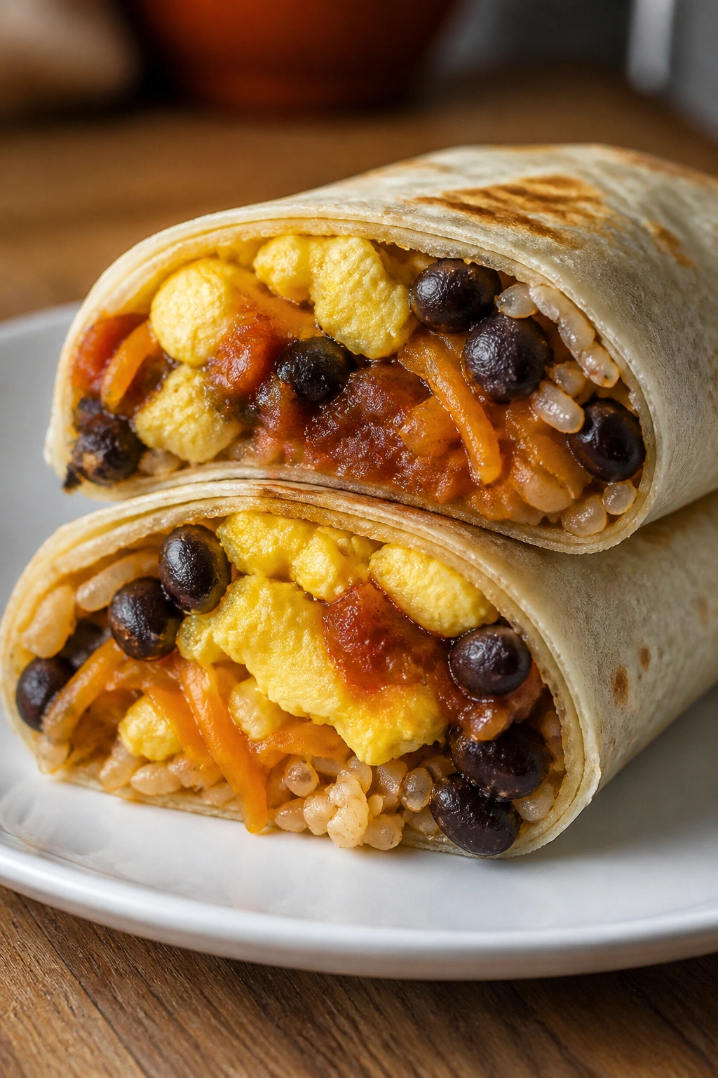 Close-up of a breakfast burrito cut in half showing eggs, beans and rice