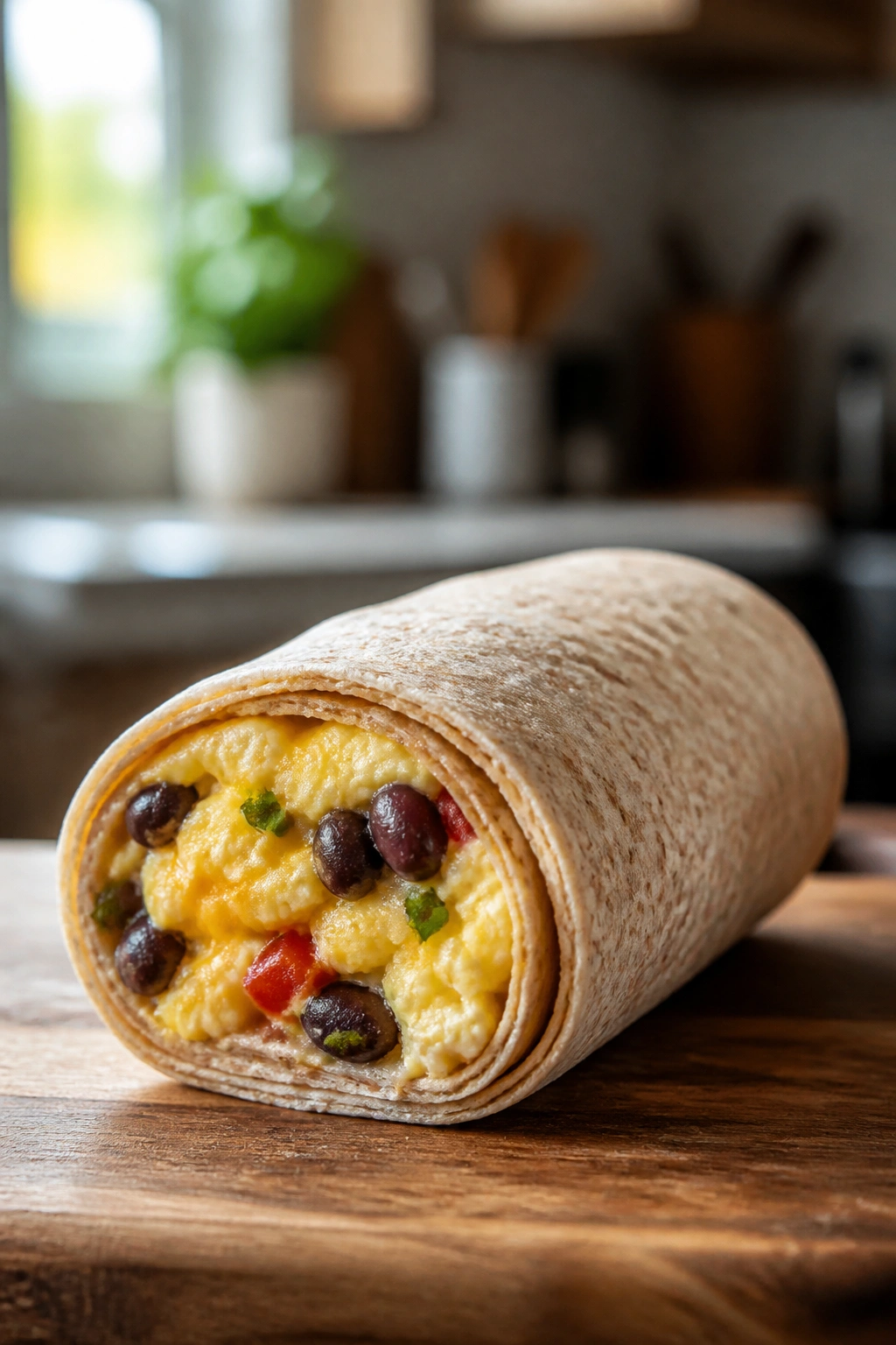Close-up of a single breakfast burrito wrapped in tortilla on a wooden surface