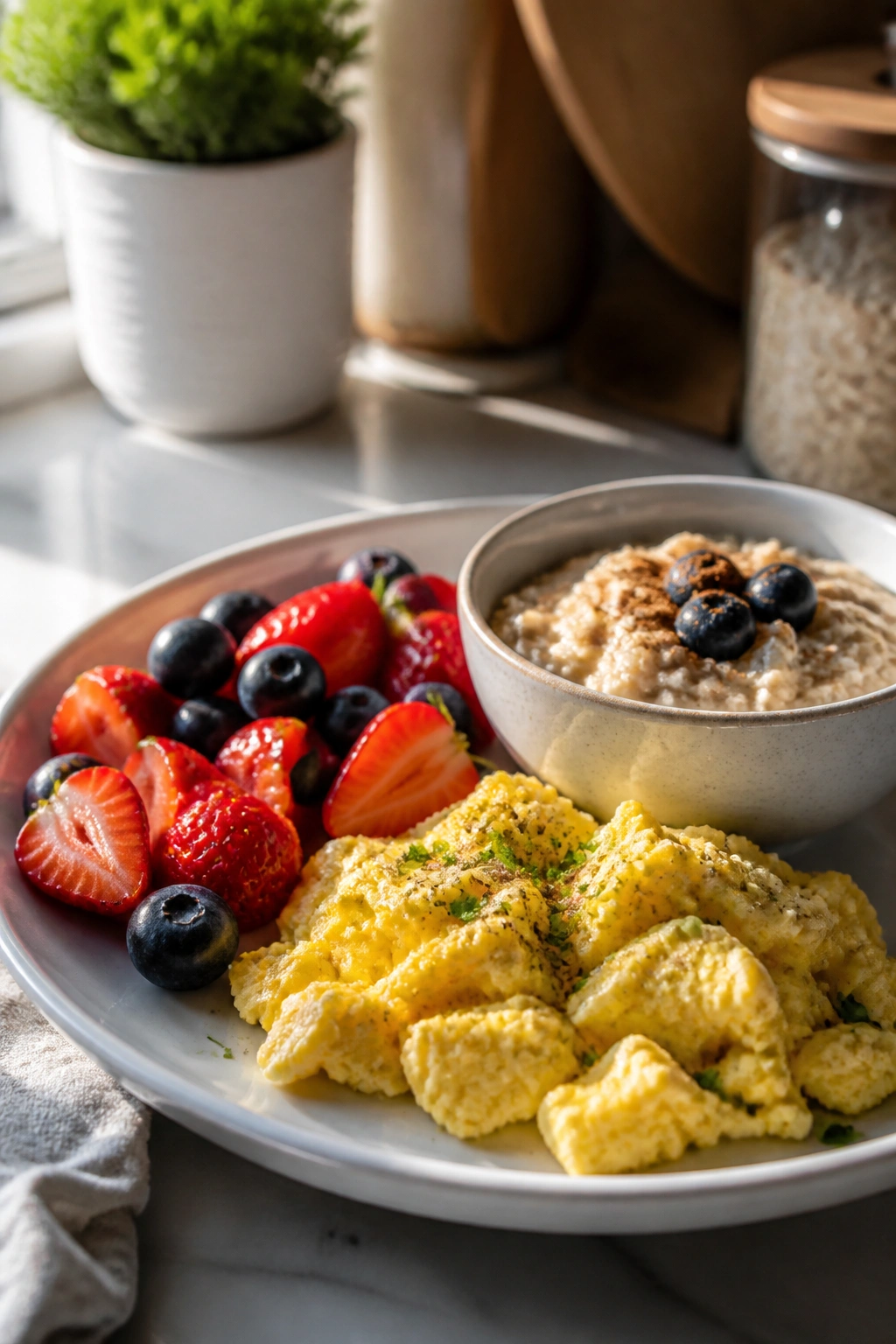 Breakfast plate with eggs, fruit, and oats.