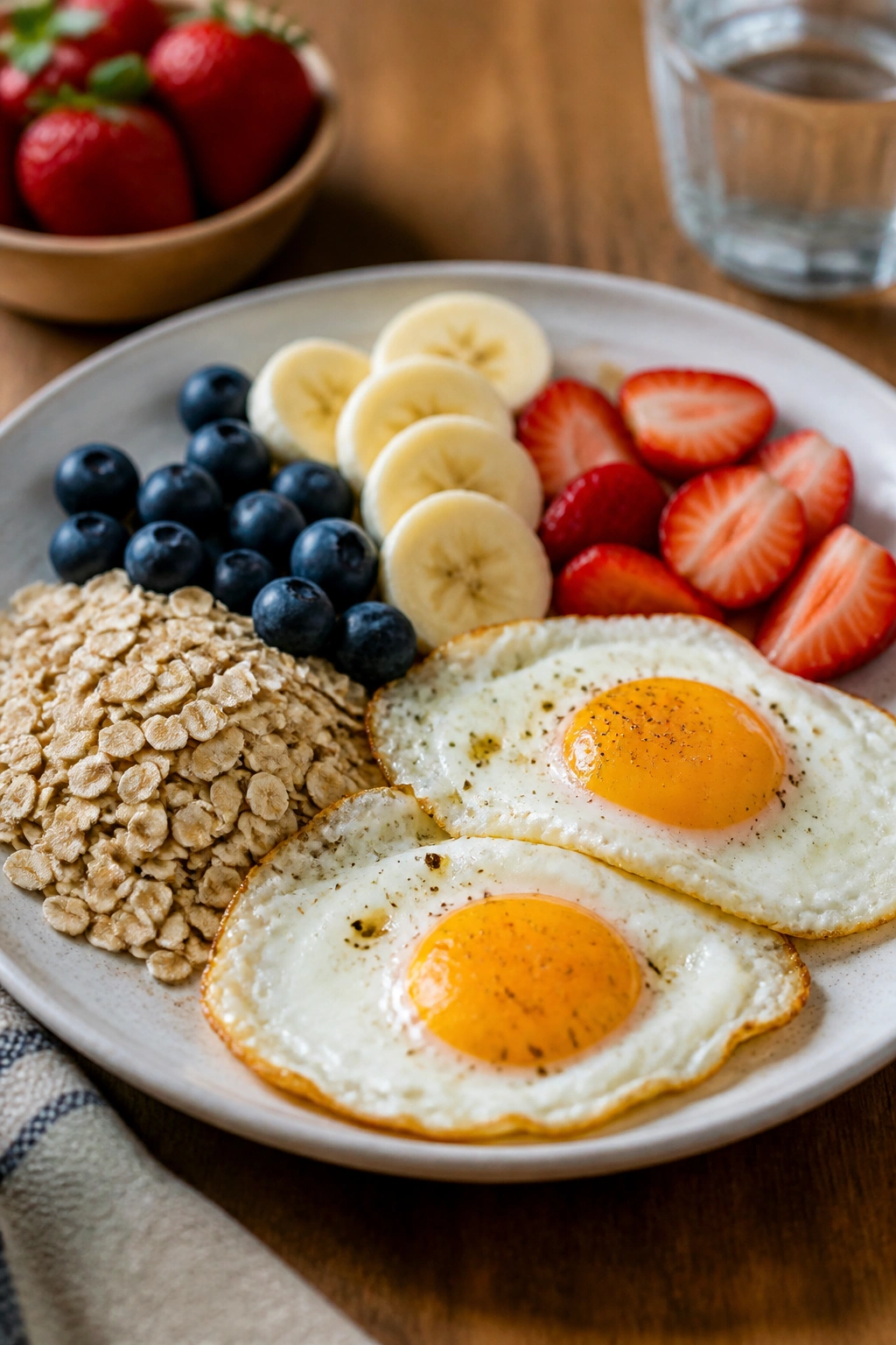 Close-up of a simple breakfast plate of eggs, fruit, and oats on a wooden table