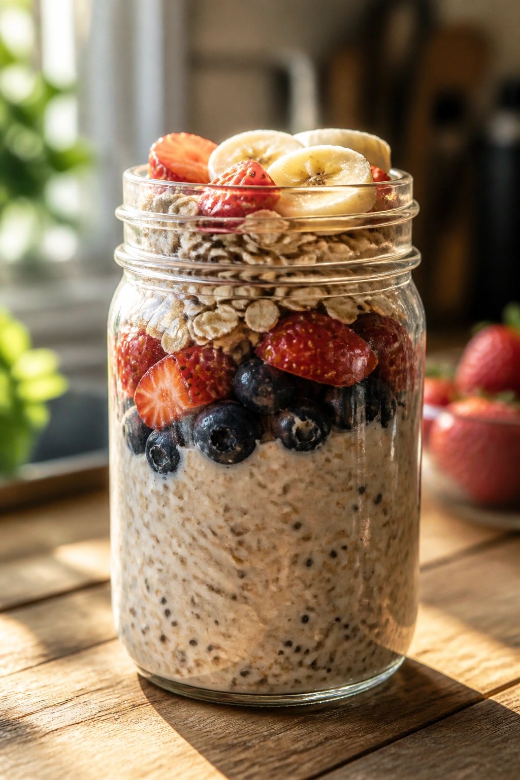 Close-up of overnight oats in a jar ready for grab-and-go in a kitchen.