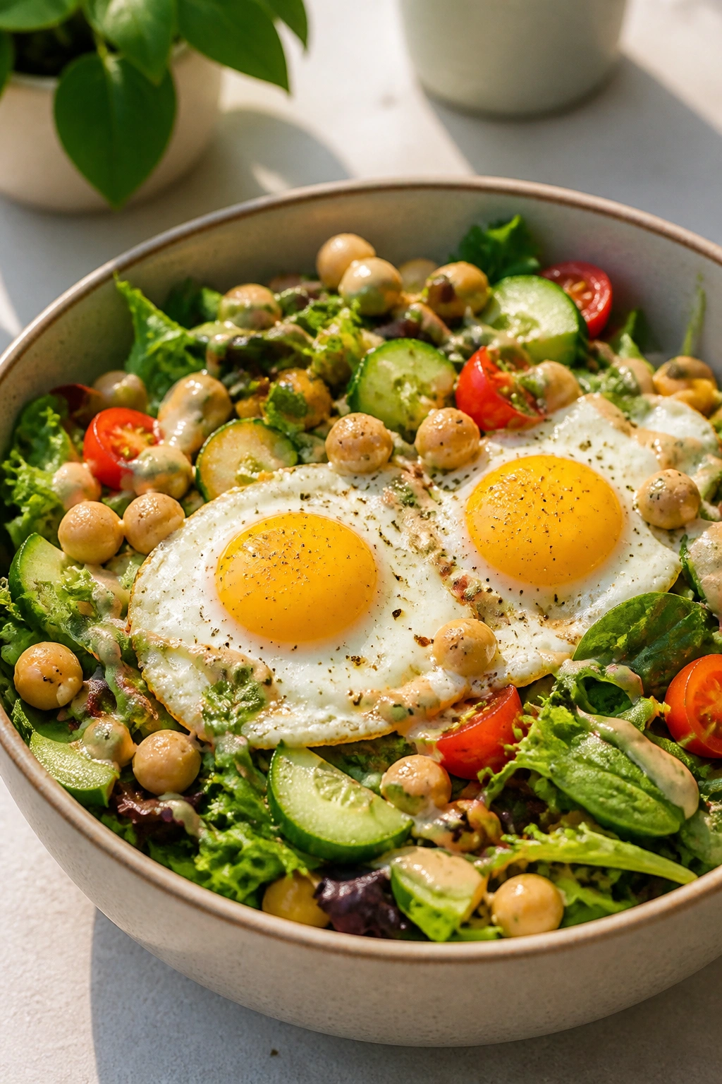 Close-up of a breakfast salad bowl featuring greens, eggs, and chickpeas in a sunlit kitchen.