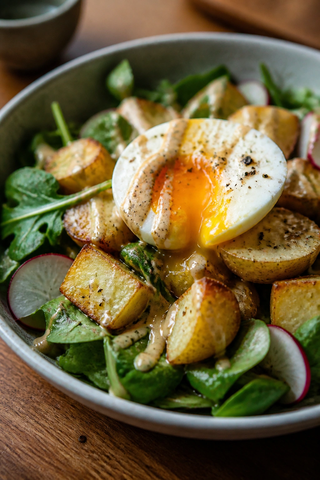 Close-up of a colorful breakfast salad bowl with eggs, potatoes, and tahini