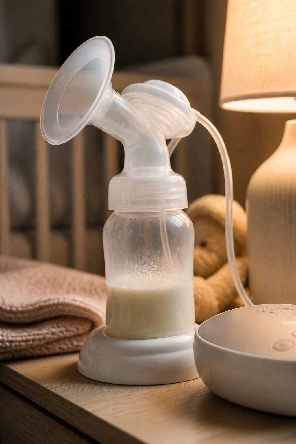 Breast pump connected to bottle on nightstand