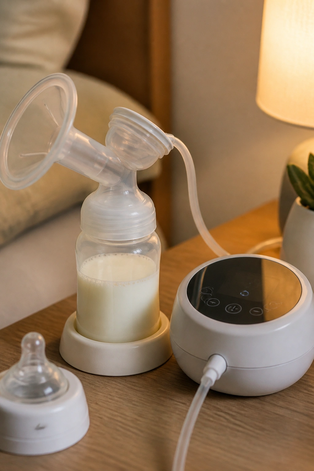 Breast pump setup on bedside table in a bedroom