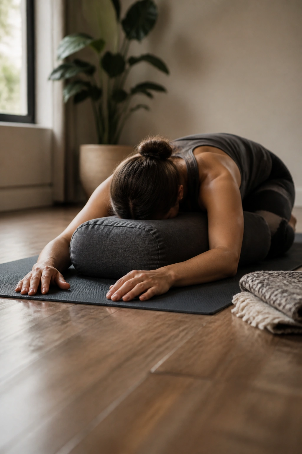 Close-up of a person in supported child’s pose with a bolster under the chest on a mat