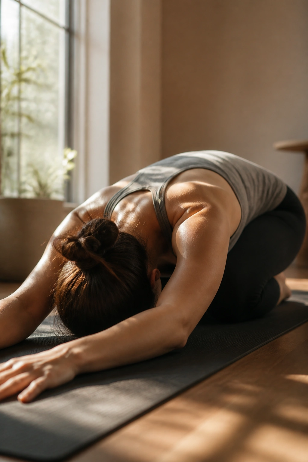Close-up of a person in child's pose with calm breathing