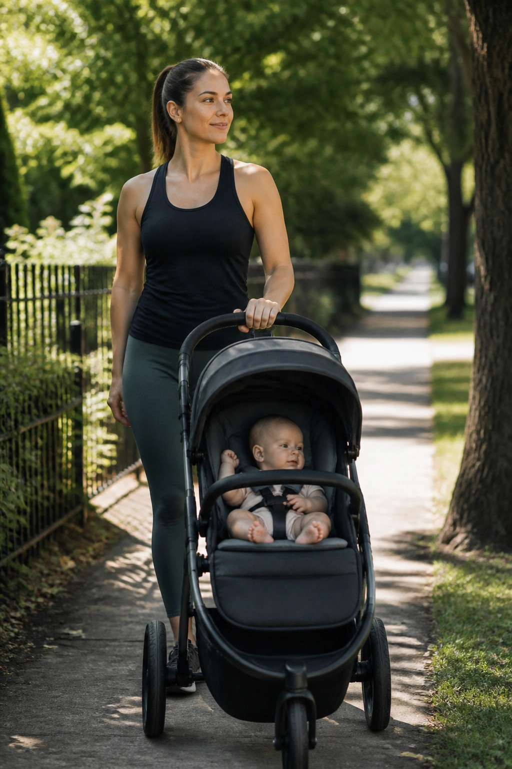 Stroller walk emphasizing calm breathing and core engagement