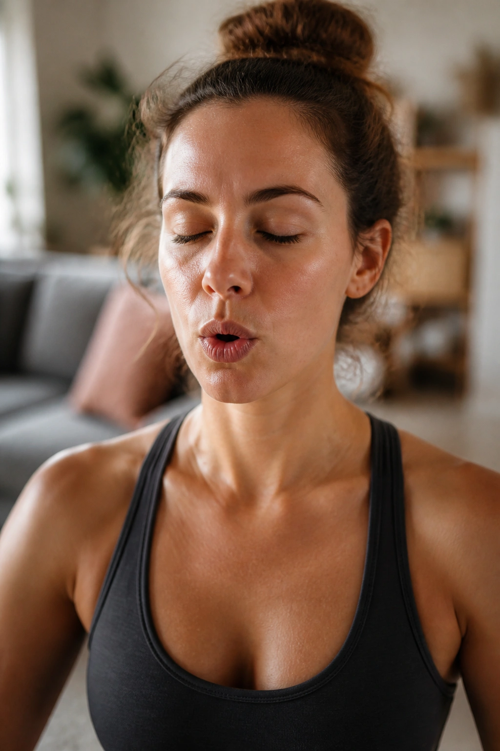 Postpartum woman practicing breath control before movement
