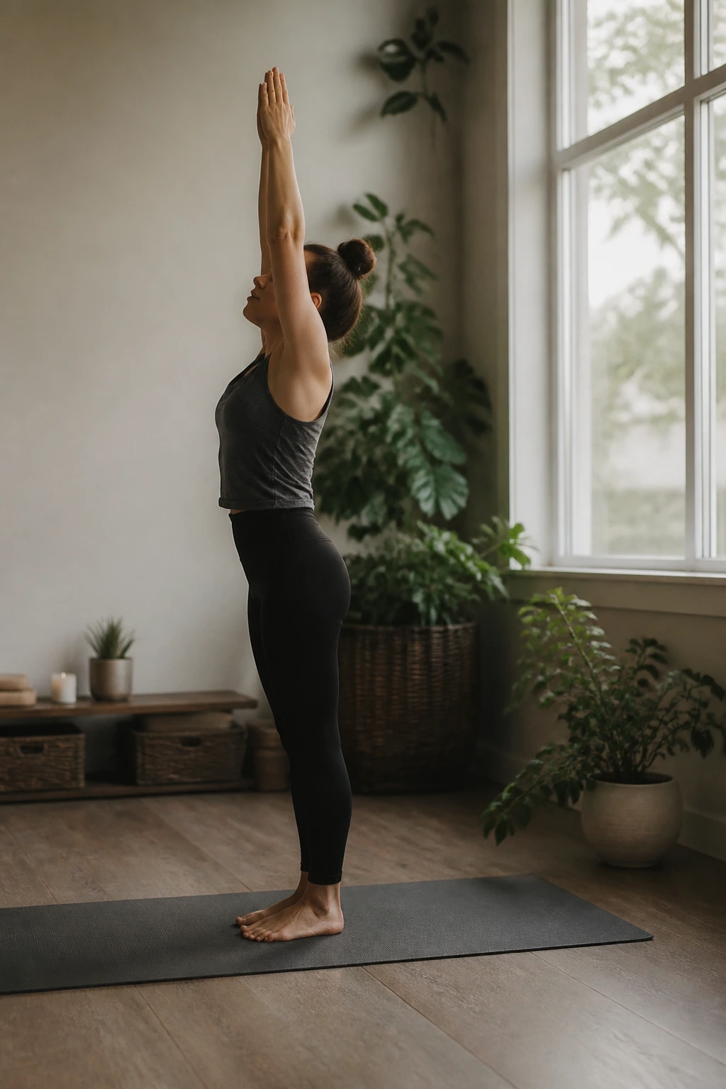 Person performing a slow breath-led yoga flow in a calm home setting.