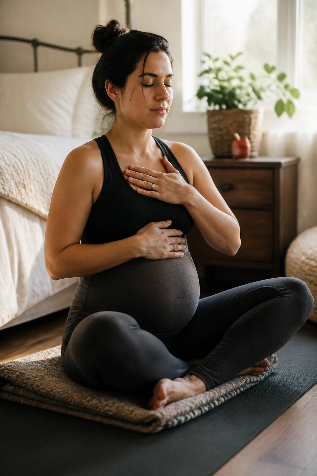 Close-up of a pregnant person practicing seated breathing on a mat