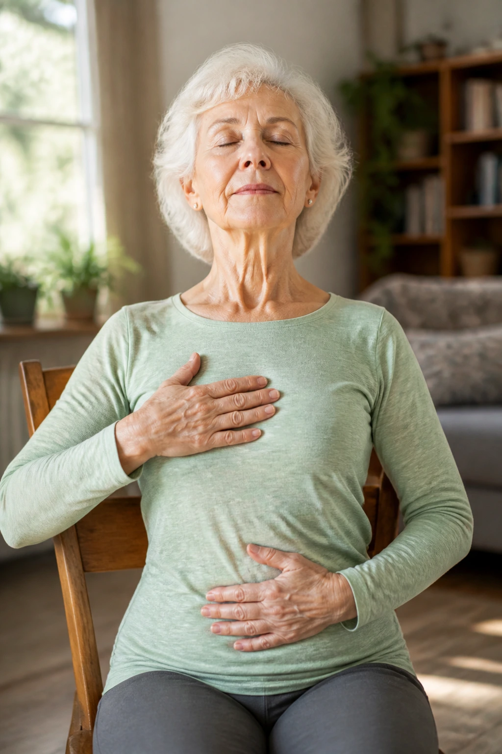 Close-up of a senior woman performing breath reset while seated in a cozy living room