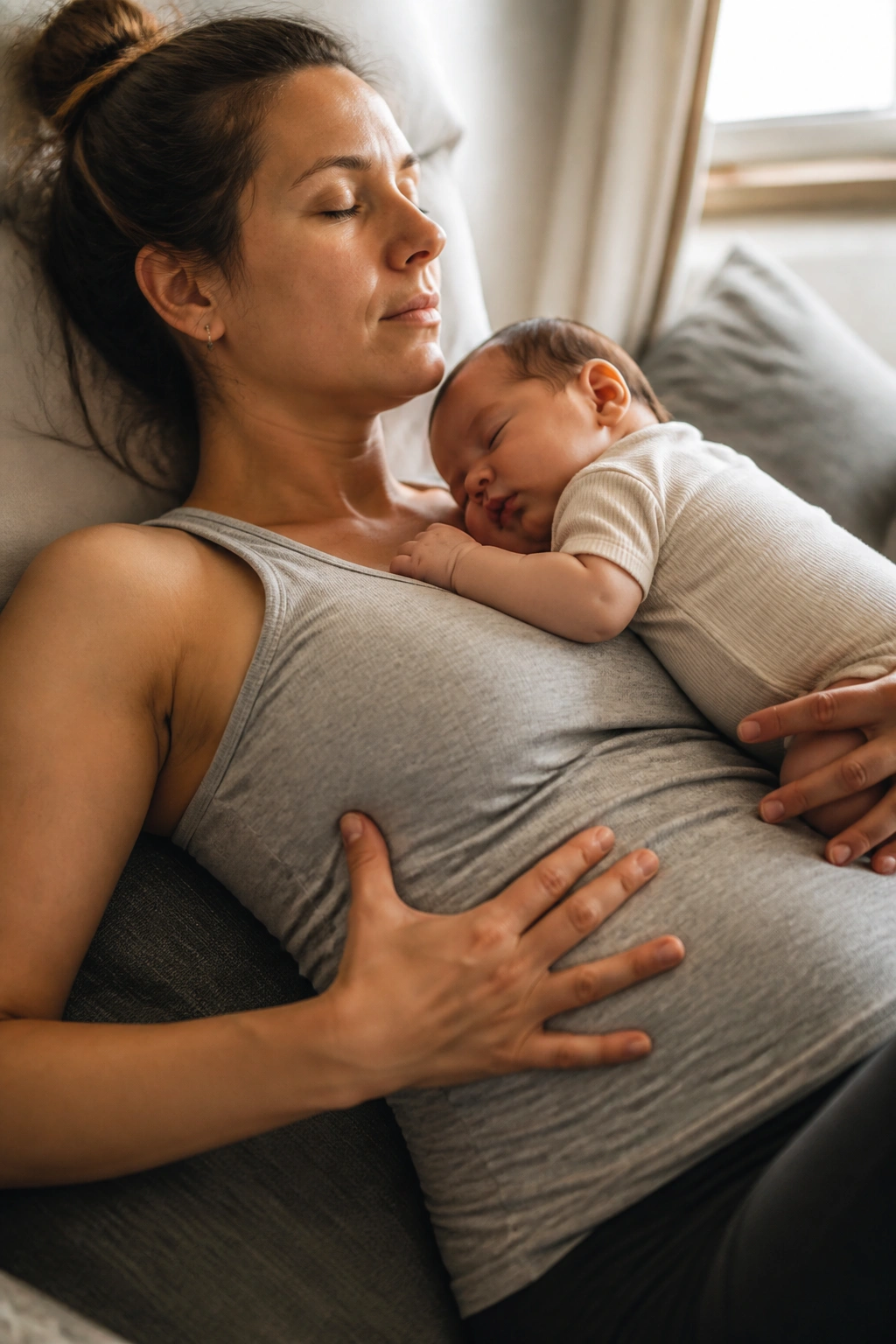 Close-up of a parent breathing with baby on chest, ribs visible as they exhale.