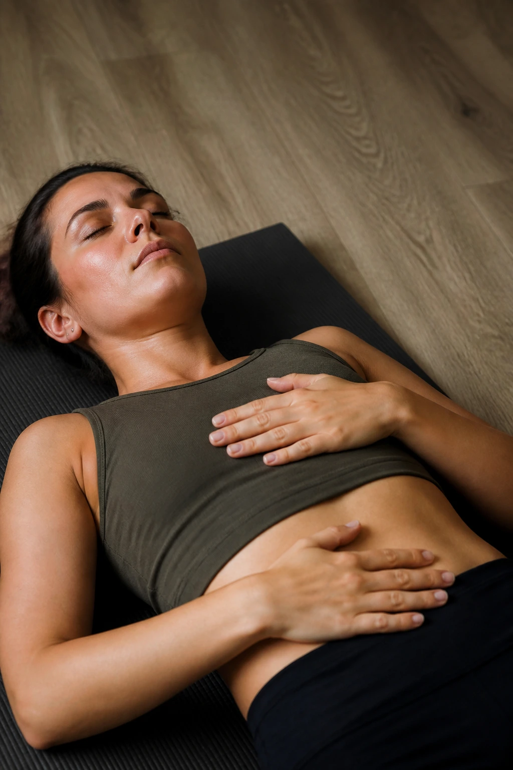 Close-up of a person practicing 90/90 breathing on a mat with hands on ribs and belly