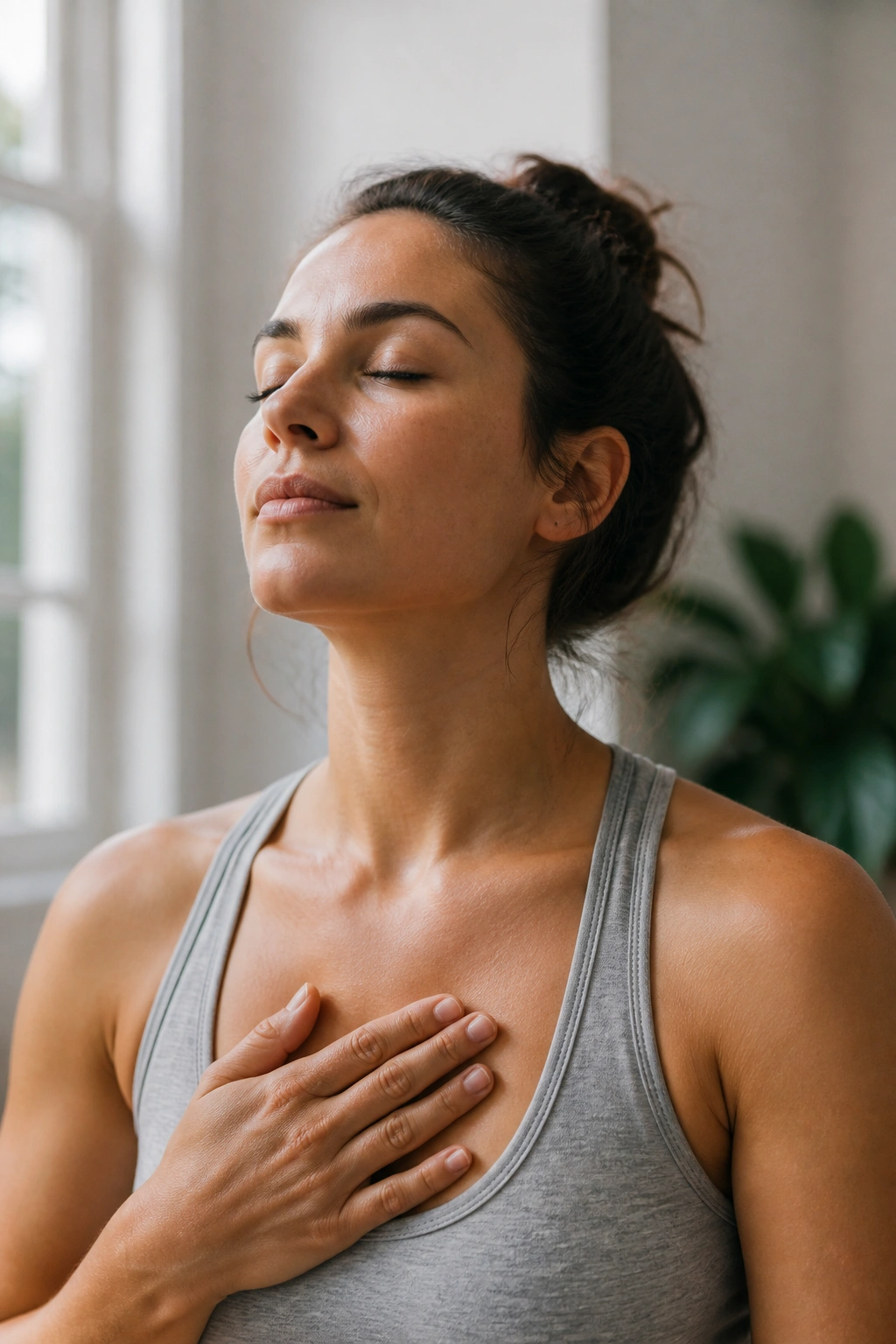 Close-up portrait of a person breathing slowly with a calm expression.