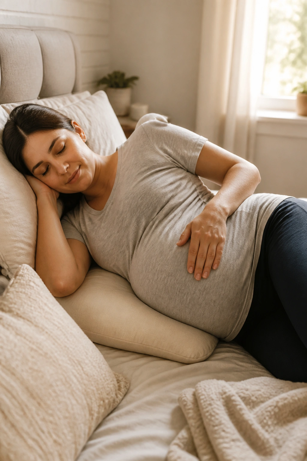 Pregnant woman on her side practicing deep breathing and pelvic floor relaxation