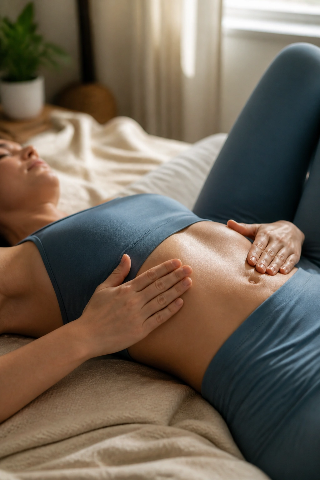 Close-up of torso practicing diaphragmatic breathing with hands on ribs and belly.