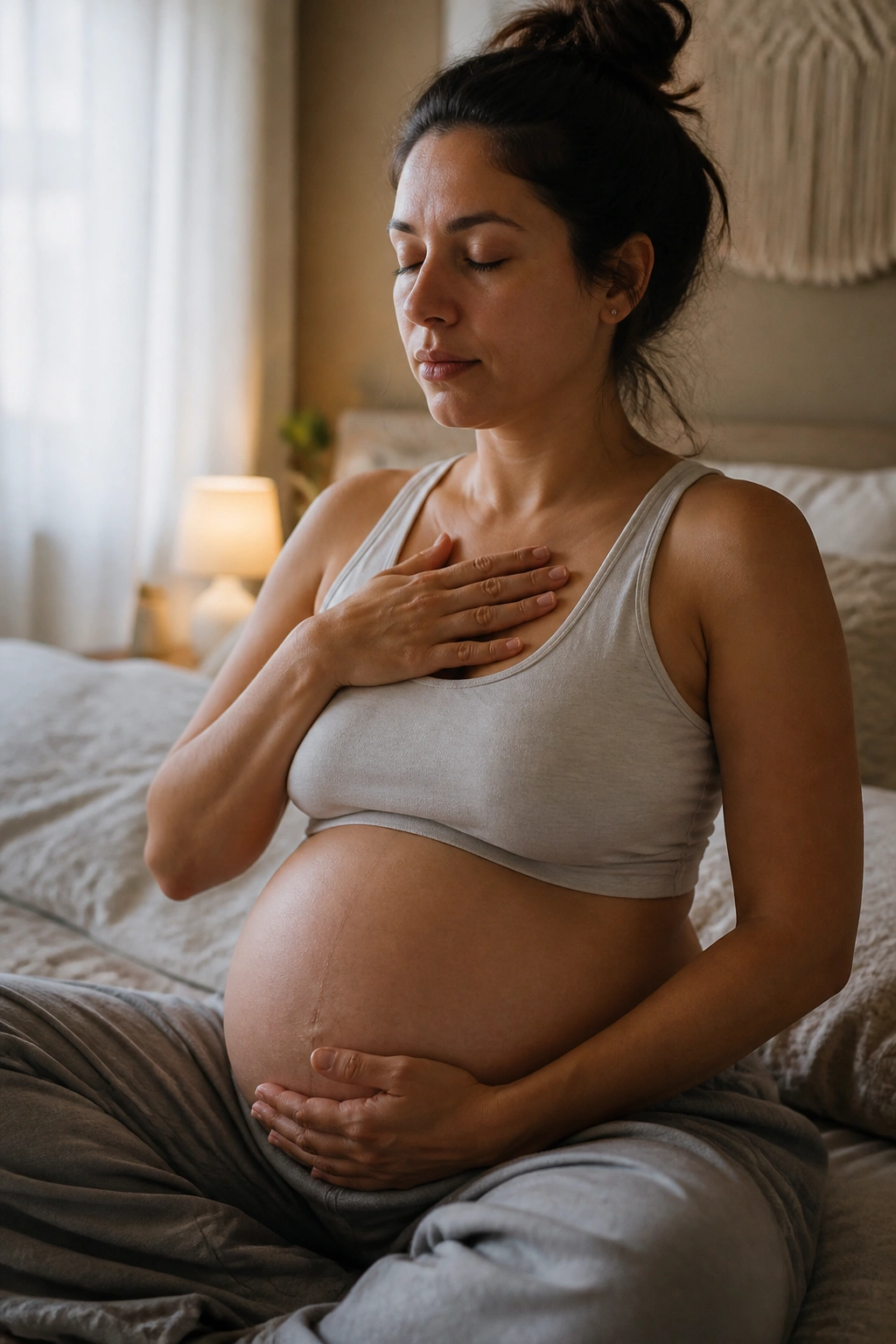 Pregnant woman practicing diaphragmatic breathing in a softly lit bedroom